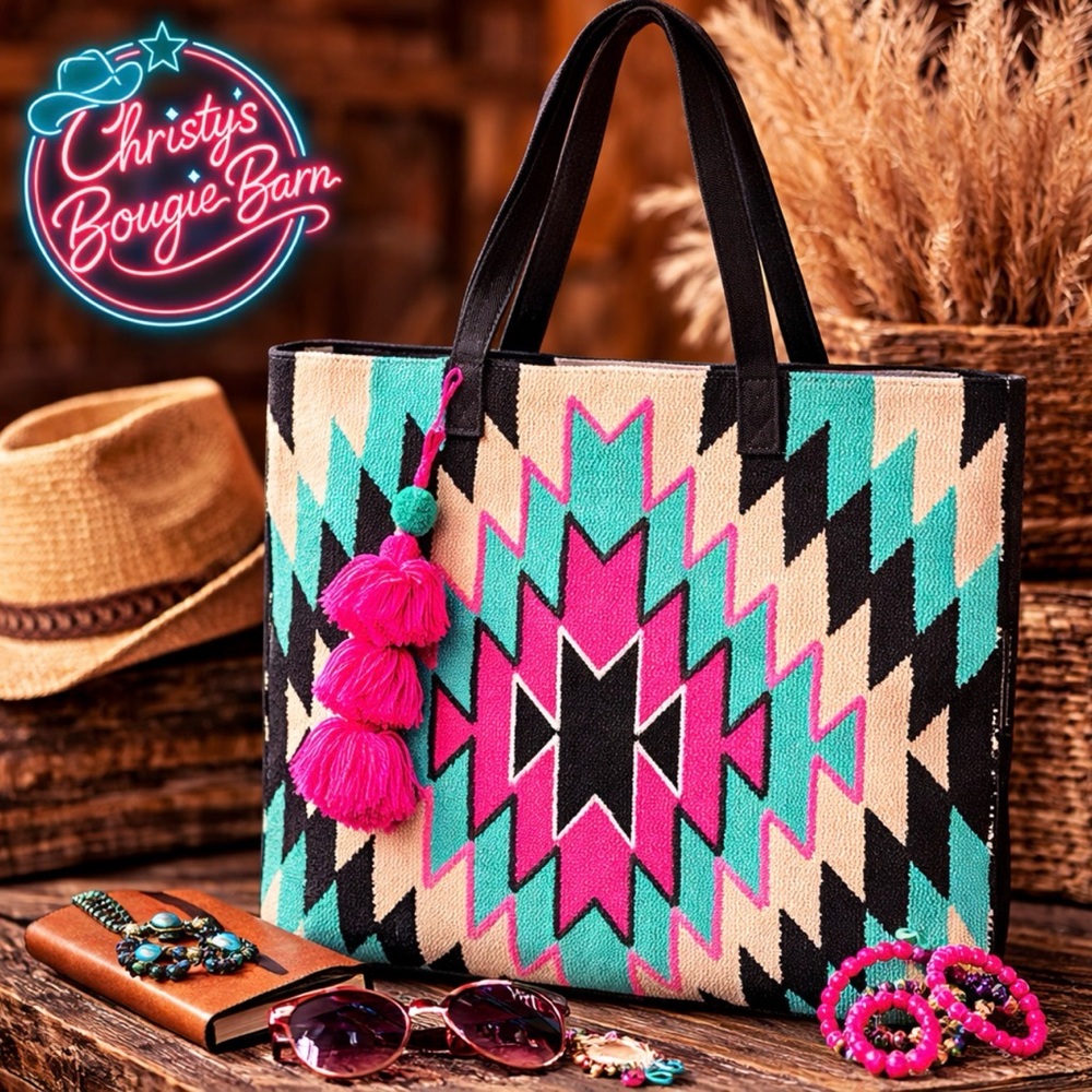 Aztec Pattern XL Tote Bag with Tassel Trim